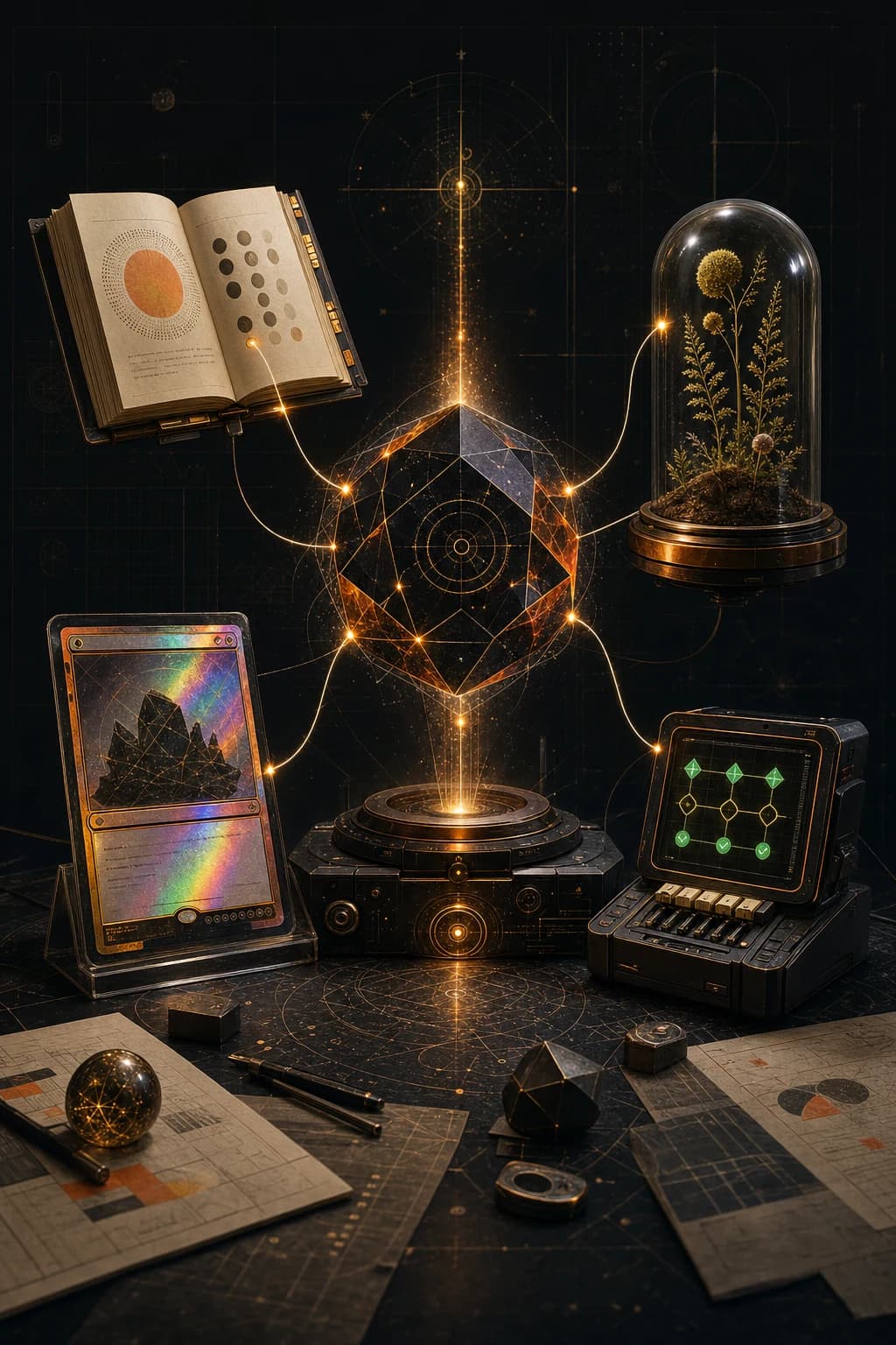 An abstract operator core linking a book, botanical specimen, foil card and test terminal