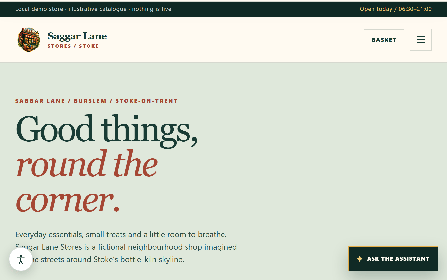 Live Saggar Lane Stores demonstration shown in a browser preview